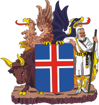 Герб Исландии. Щит с изображением исландского флага держат герои исландских мифов и сказаний.