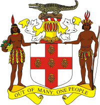 Государственный герб Ямайки появился в 1661г., его нарисовал Вильям Сандерофт (William Sanderoft). После некоторого пересмотра в 1957г., его оставили без видимых изменений. На гербе изображены мужчина и женщина Аравак, стоящие по обе стороны щита, на котором красный крест с пятью апельсинами. Наверху - ямайский крокодил, венчающий Королевский Шлем и мантию. Девиз на родном языке ’’Indus Uterque Serviet Uni’’, заменили на английский ’’Out of many, one people’’.