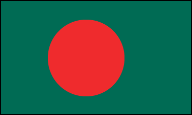 Флаг Бангладеш имеет пропорции 3:5. Дата принятия: 17.01.1972. Основан на флаге времен борьбы за независимость 1971г. Представлял собой полотнище зеленого цвета с красным диском, на фоне которого были изображены контуры страны золотого цвета. Позже для упрощения изображения флага контуры страны с него убрали. Диск немного смещен к древку, поэтому когда флаг развевается кажется, что диск расположен точно по центру. Зелёный цвет символизирует бурную растительность страны, её жизнестойкость и молодость. Красный диск — символ встающего над Бенгалией солнца независимости после темной ночи кровавой борьбы.