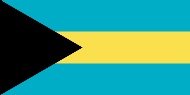 Флаг имеет пропорции 1:2. Представляет собой трехполосный флаг. Полосы размещены горизонтально. Верхняя и нижняя полосы – синего цвета, центральная –золотого. У основания флага изображен черный треугольник, занимающий 1/3 длины флага. Принят в 1973г. Золотая полоса символизирует песок Багамских островов, синие полосы – море, черный треугольник означает единение народа островов в их стремлении к развитию. Выбор этой символики не случаен, так как на долю туризма приходится свыше 70 процентов валового национального продукта страны, и он является основой ее экономики. Черный цвет треугольника символизирует силу, энергию и единство народа и напоминает о его африканском происхождении (92 процента населения составляют негры и мулаты), а сам треугольник — решимость народа овладеть всеми ресурсами суши и океана, эффективно использовать и приумножать их.