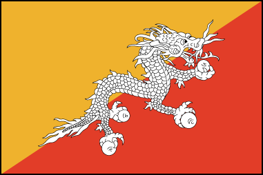Флаг Бутана. Соотношение сторон 2:3. Представляет собой полотнище, состоящее из двух прямоугольных треугольников – желтого и оранжевого. В центре флага – изображение белого дракона. Принят в 1969 г. Оранжевый цвет означает приверженность буддийской религии, желтый символизирует светскую королевскую власть. Белый дракон выступает как символ чистоты. Изображение дракона стало символом Бутана около 1200 г. Дракон связан тибетским названием Бутана – Дрюк (громовой дракон), а также с поверьем, существующим в этой стране, которое утверждает, что гром это рев дракона. Более ранние варианты флага (XIX в.) представляли собой желтое полотнище с изображением белого дракона и, возможно, испытали влияние соседнего Китая. Лишь в 1960-е годы на флаге появился оранжевый цвет как символ монастырей Громового Дракона, послушники которых были одеты в оранжевые одежды.