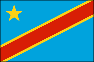 Национальный флаг ДР Конго утвержден вместе с Конституцией страны 18.02.2006г., представляет собой полотнище лазоревого цвета с желтой пятиконечной звездой в левом верхнем углу и диагональной полосой из левого нижнего края в правый верхний красного цвета с желтой каймой. Флаг практически полностью идентичен флагу, который был официальным государственным символом в 1966-71гг. (отличие лишь в том, что современный флаг имеет более светлый оттенок небесного цвета, а диагональная полоса стала немного шире).