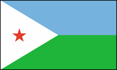 Пропорции 2:3. На флаге изображен треугольник белого цвета от основания флага. Сверху расположена синяя полоса, снизу – зеленая. В белый треугольник помещена красная пятиконечная звезд. Принят в 1977 г. Белый цвет символизирует мир, голубой – море и небо, зеленый – землю. Красная звезда означает единение общества. Данный флаг известен с 1972 г. как символ Африканского Национального освободительного Союза, однако его цвета тогда интерпритировались иначе и обозначали два африканских народа – афар и исса. Зеленый цвет символизировал афар, голубой – иссу.