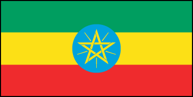 Флаг Эфиопии. Трехцветный зелено-желто-красный флаг появился в 1897 году. Эти цвета являлись основой панафриканской символики. Перед падением Эфиопской империи цвета интерпретировались как, красный цвет - власть и судьба, желтый - цвет церкви, мира, природных ресурсов и любви, зеленый - цвет любви и надежды. Эти цвета также трактовались как связь с Богом, а также как три главных провинции Эфиопии. Изначально, цвета были распределены произвольно по прямоугольной поверхности, с красным цветом вверху. Через некоторое время порядок цветов был изменен. В настоящее время государственный флаг Эфиопии символизирует честь и красоту эфиопской нации. Зеленый цвет представляет плодородные земли страны, желтый - религиозную свободу, красный - людей, которые пали, защищая национальную целостность страны. На флаге также присутствует национальная эмблема Эфиопии. Она имеет вид звезды в круге с равностоящими лучам и, которые показывают равенство всех этнических групп, также как и поддерживается равенство полов . Светящиеся лучи от звезды означают светлое будущее Эфиопии, а окружающий звезду голубой фон символизирует мир и демократию в Эфиопии. 