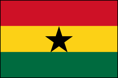 Флаг Ганы, соотношение сторон 2:3. Представляет собой три равновеликие горизонтальные полосы. Верхняя полоса красного цвета, средняя – желтого, нижняя – зеленого. В центре желтой полосы помещена пятиконечная звезда черного цвета. Принят в 1966г. Красный цвет символизирует кровь погибших в борьбе за независимость страны, желтый – полезные ископаемые Ганы, зеленый цвет означает лесные богатства страны. Черная звезда – символ надежды на независимость Африки. Цвета флага Ганы повторяют цвета государственного символа Эфиопии – единственного независимого государства на территории Африки. Возможно, черная звезда перешла на флаг Ганы с флага пароходной компании «Black Star Line», участвовавшей в 1919-22гг. в акции по перевозке черных колонистов обратно в Африку (эта акция стала частью общественного движения черного населения Америки ’’Назад, в Африку’’).