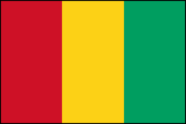 Флаг Гвинеи, соотношение сторон 2:3. Представляет собой полотнище с тремя вертикально расположенными равновеликими полосами. У основания флага полоса красного цвета, в середине – желтого, далее следует полоса зеленого цвета. Принят в 1958 г. Цвета флага Гвинеи повторяют цвета флага Ганы и являются традиционными цветами африканских флагов. Красный цвет флага символизирует кровь, пролитую в борьбе за свободу, желтый – цвет гвинейского золота и солнца, зеленый – африканскую природу. Кроме того, каждый цвет соответствует трем словам девиза Гвинеи: красный - ''Труд''; желтый - ''справедливость''; зеленый - ''солидарность''.