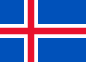 Флаг Исландии. Пропорции 18:25. Представляет собой полотнище голубого цвета, на котором изображен крест красного цвета с белой каймой. Принят в 1944 г. Впервые флаг был утвержден в 1918 г., когда Исландия добилась частичного суверенитета от Дании. Рисунок флага отражает скандинавскую традицию, идущую от флага Дании. Красный цвет креста также напоминает о влиянии Дании. Голубой же и белый цвета являются традиционными цветами Исландии и связываются с цветами ордена Серебрянного сокола. 