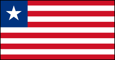 Флаг Либерии. Пропорции: 10:19. Представляет собой прямоугольное полотнище с 11-ю горизонтальными полосами красного и белого цветов и изображением белой пятиконечной звезды в синем кантоне. Принят в 1847 г. Белый цвет означает чистоту, красный – доблесть, синий – братство. Одиннадцать полос на флаге Либерии символизируют одиннадцать статей декларации о независимости страны, принятой в 1847 г. Белая пятиконечная звезда означает первую на африканском континенте независимую республику. Флаг Либерии, очевидно, испытал влияние дизайна флага США.