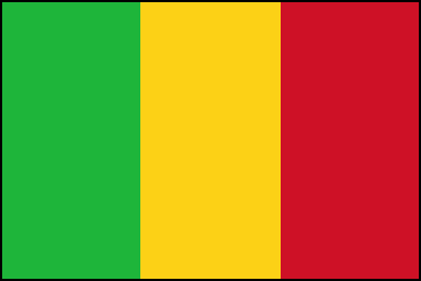 Флаг Мали. Пропорции: 2:3. Представляет собой триколор с вертикальными равновеликими полосами зеленого, желтого и красного цветов. Принят в 1961 г. Зеленый цвет означает природу и сельское хозяйство страны, желтый – процветание, красный – кровь, пролитую в борьбе за независимость. Первый флаг Мали был принят в 1959 г., когда образовалась Федерация Мали, включавшая в себя Французский Судан и Сенегал (Федерация стала независимой в 1960 г.). Флаг был похож на современный, лишь в центре располагалась черная звезда. В 1961 г. после отделения Сенегала черная звезда была убрана с флага Мали и он приобрел современный вид. 