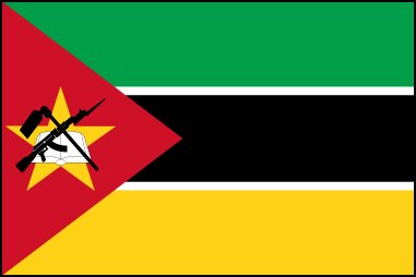 Национальный флаг Мозамбика представляет собой прямоугольное полотнище с соотношением сторон 2:3 и окрашен в пять цветов: красный, зеленый, черный, золотой и белый. Согласно Конституции страны, цвета флага символизируют следующее: красный – вековую борьбу с колониальным режимом, вооруженную борьбу за независимость; зеленый – богатые природные ресурсы; черный – Африканский континент; золотой – полезные ископаемые страны; белый – справедливость борьбы народа и мирную политику страны. Цвета флага по палитре Pantone: красный – 185с; зеленый – 355с; золотой (желтый) – 116с.
