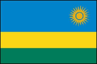 Флаг Руанды, соотношение сторон 2:3. Утвержден в 31.12.2002г. Зеленый цвет флага символизирует надежду на процветание благодаря упорному труду народа и природным богатствам страны; желтый - экономическое развитие; синий - счастье и добрососедство. Солнце с 24 лучами символизирует свет, достигаемый каждого гражданина страны
