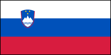 Флаг Словении официально утверждён 24.06.1991г. Имеет пропорции 1:2. Представляет собой триколор с белой, синей и красной горизонтальными равновеликими полосами. В левой верхней части флага находится герб Словении, расположенный таким образом, что одна его половина находится на белом поле, а другая - на синем. Словенский флаг повторяет традиционное расположение общеславянских цветов, был принят патриотами Словении в 1848г. Цвета флага, видимо, связаны с древним гербом центральной части Словении – Карниолы. На нем изображался золотой орел с красными когтями на синем поле. Позже золотой орел был заменен серебрянным (белым). Так сложилась бело-сине-красная цветовая гамма герба и флага страны. До 1945г. гладкий триколор использовался как официальный флаг Словении (составной части Королевства сербов, хорватов и словенцев). Позже – почти не использовался, так как был принят единый государственный флаг Югославии. В 1991г. вновь воссозданная символика Словении была дополнена бело-сине-красным триколором. На суше и на море используется как государственный, гражданский и военный флаг.