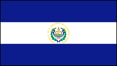 Флаг Сальвадора был утвержден 27 сентября 1972г., соотношение сторон 189:335. Флаг основан на знамени Объединенных Провинций Центральной Америки и первоначально был принят в 1822г., затем отменен в 1865г. и вновь утвержден в 1912г. Схожее по внешнему виду полотнище, но без эмблемы в центре и с другим соотношением сторон (3:5) используется в качестве гражданского флага, а иногда и в качестве государственного. Также известен вариант гражданского флага с девизом, написанным желтыми буквами на белой части: ’’DIOS UNION LIBERTAD’’ (на испанском: ’’БОГ ЕДИНСТВО СВОБОДА’’). С 1865г. по 1912г. широко использовались различные варианты флага, основанного на флаге США, только с синими полосами, красным кантоном и различным числом звезд в кантоне.
