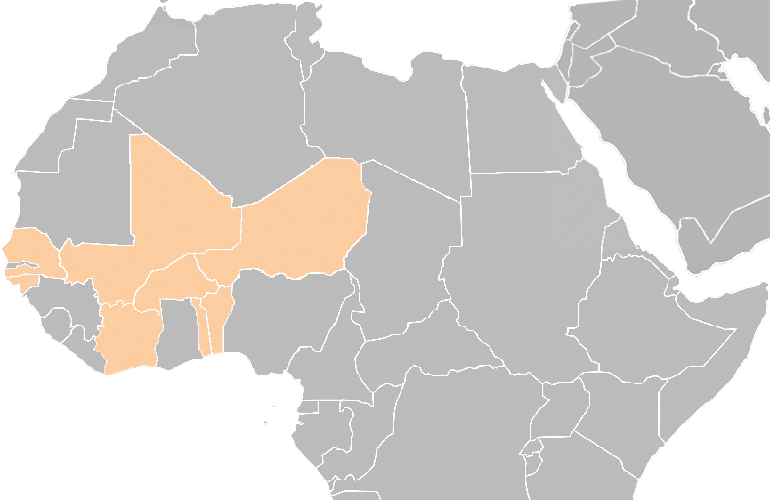 Страны-члены Экономического и Валютного Союза Западной Африки (отмечены бежевым цветом)